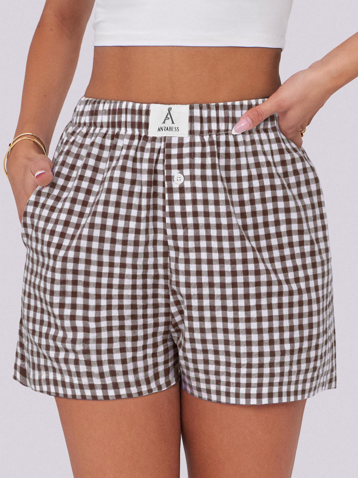 ANRABESS Womens Ruffle Boxer Shorts Gingham Elastic Waist Summer Casual Lounge Sleep Pajama Shorts Lightweight Loose Beach Bottoms with Pockets
