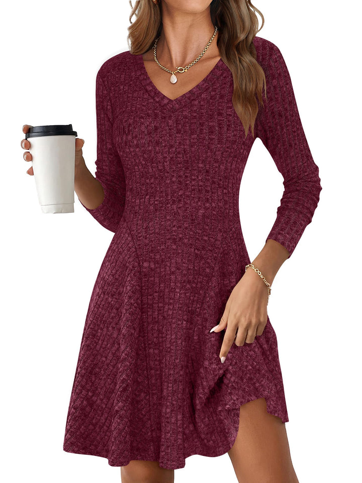 ANRABESS Women's Ribbed V-Neck Swing Sweater Dress
