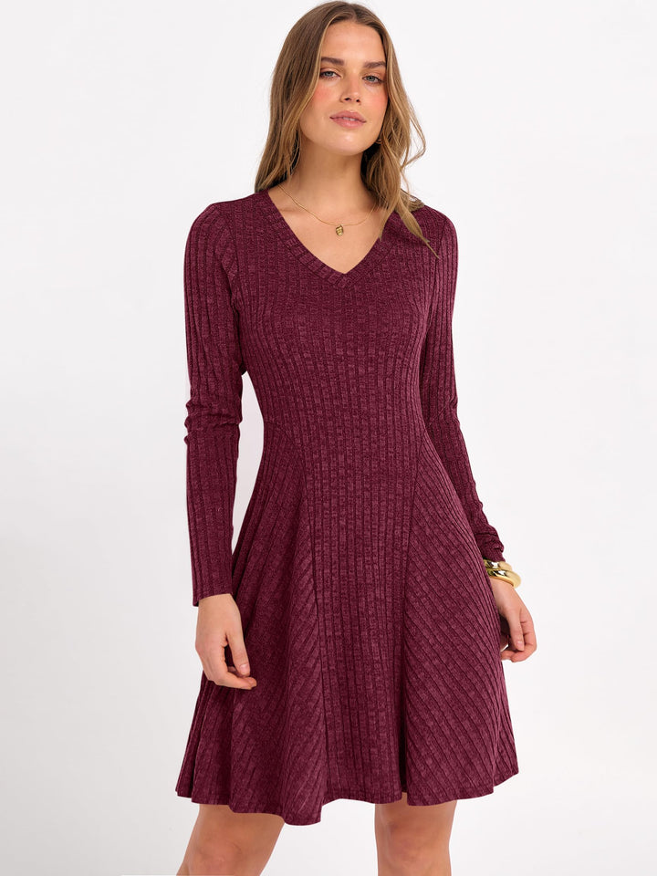 ANRABESS Women's Ribbed V-Neck Swing Sweater Dress