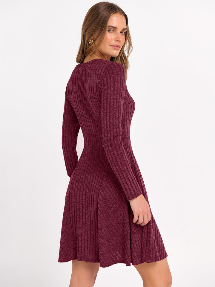 ANRABESS Women's Ribbed V-Neck Swing Sweater Dress