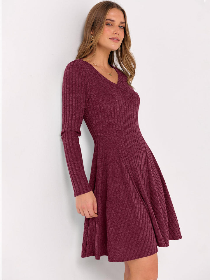 ANRABESS Women's Ribbed V-Neck Swing Sweater Dress