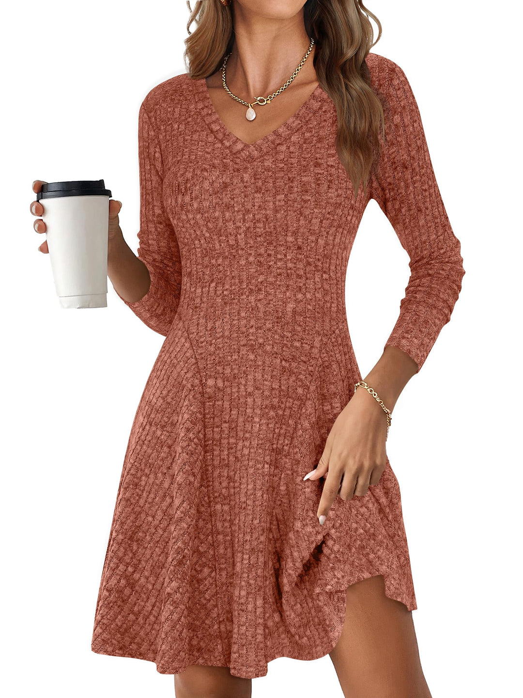 ANRABESS Women's Ribbed V-Neck Swing Sweater Dress