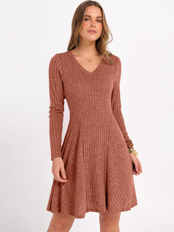 ANRABESS Women's Ribbed V-Neck Swing Sweater Dress