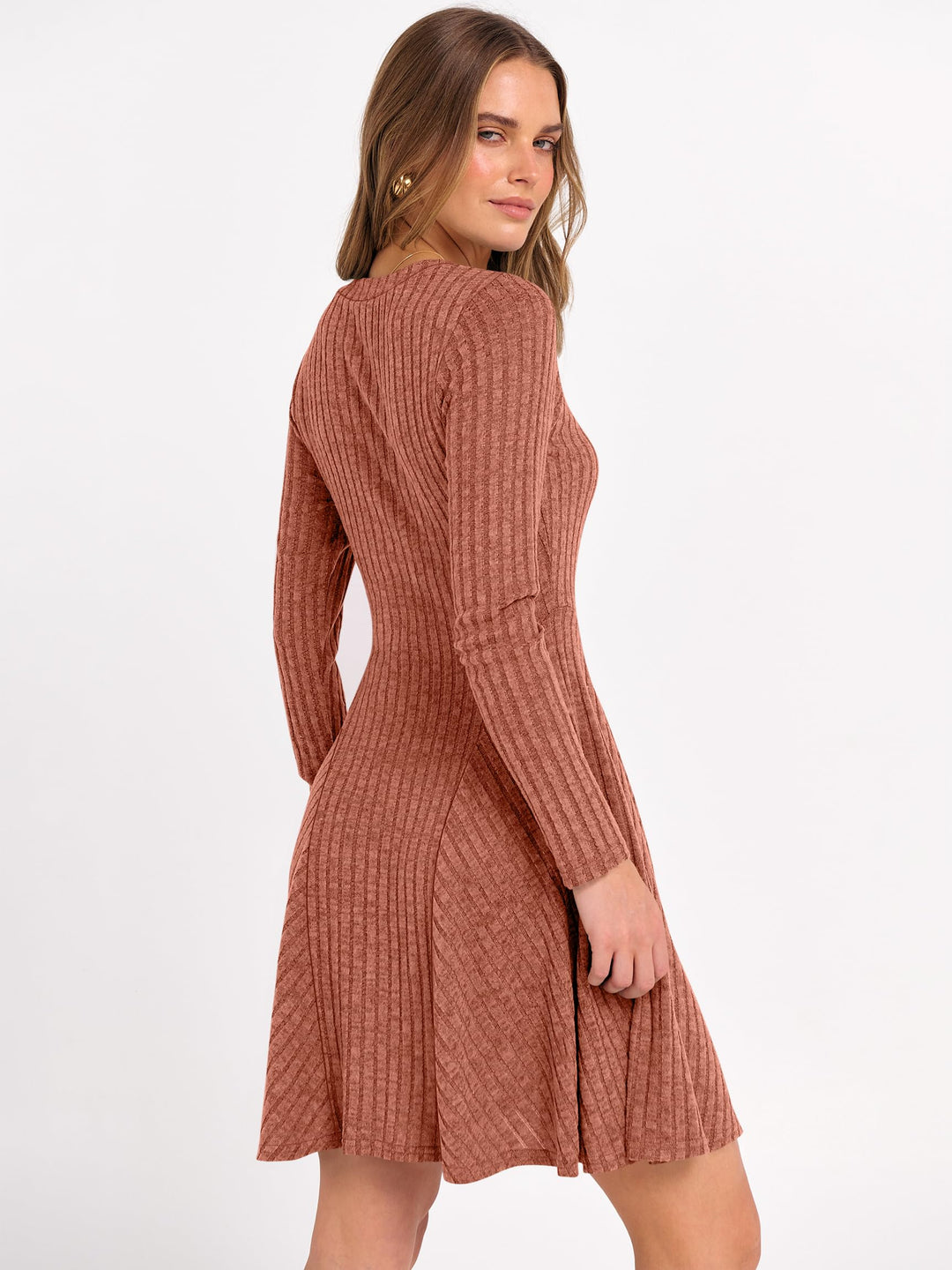 ANRABESS Women's Ribbed V-Neck Swing Sweater Dress