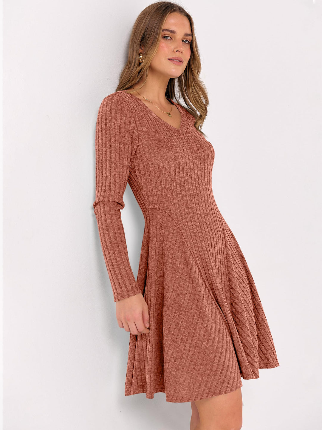 ANRABESS Women's Ribbed V-Neck Swing Sweater Dress
