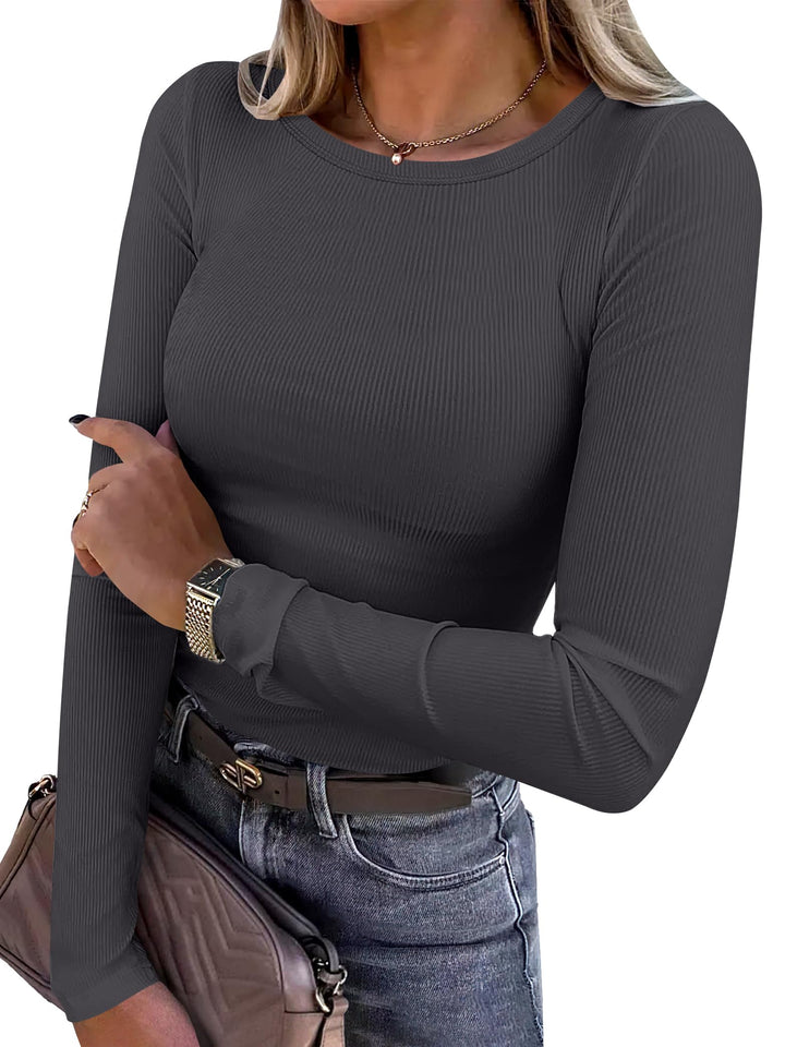 ANRABESS Long Sleeve Shirts for Women Ribbed Knit Slim Fit Basic Tops Crewneck Tees Spring Fall Casual Underscrubs Layer Clothes