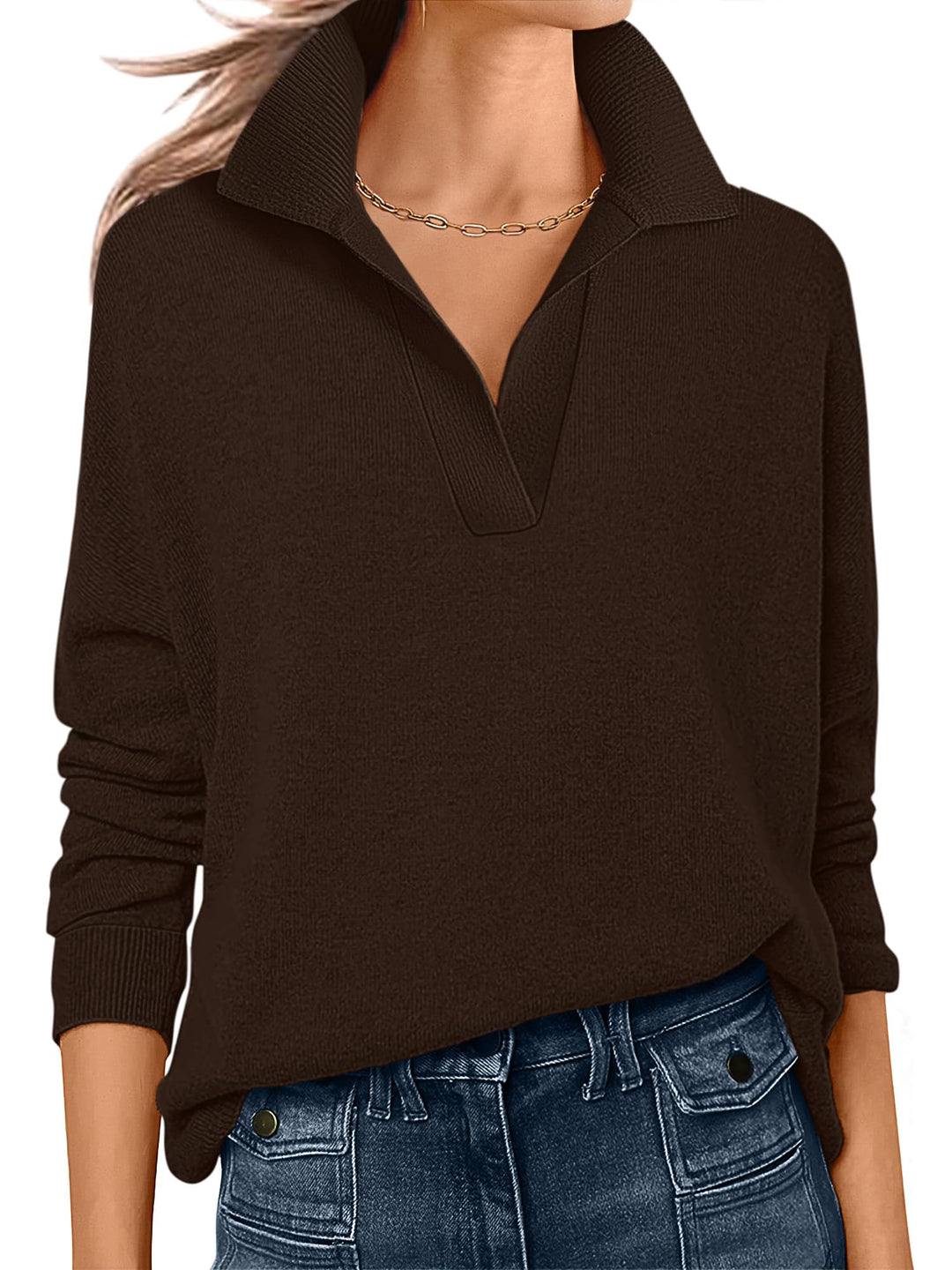 ANRABESS Women's Lightweight Polo V-Neck Knit Sweater