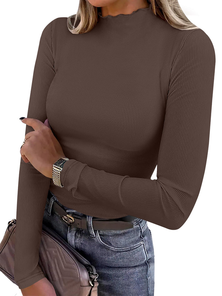 ANRABESS Women's Lettuce Trim Mock Neck Ribbed Top