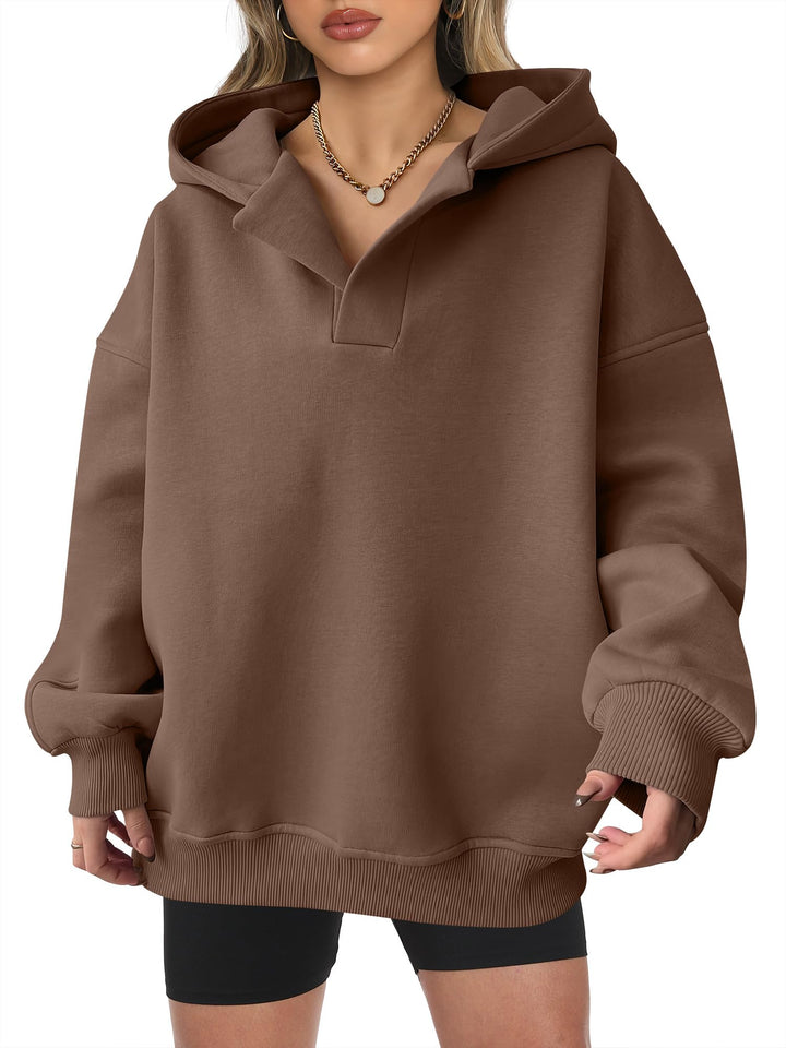 ANRABESS Women's Oversized V-Neck Fleece Hoodie