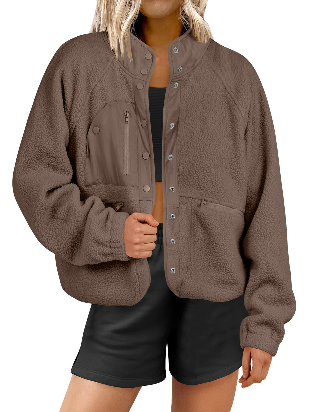 ANRABESS Women's Cropped Sherpa Shacket with Pockets