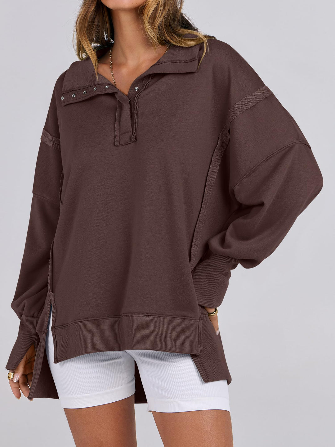 ANRABESS Women's Oversized Button-Up Henley Sweatshirt