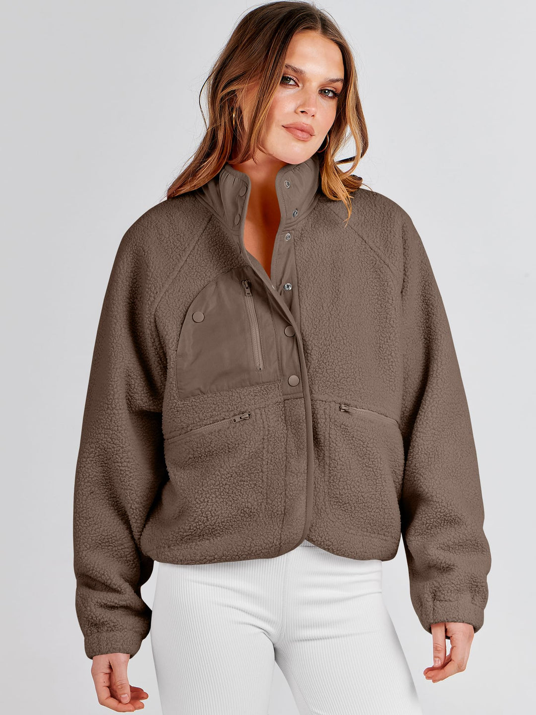 ANRABESS Women's Cropped Sherpa Shacket with Pockets