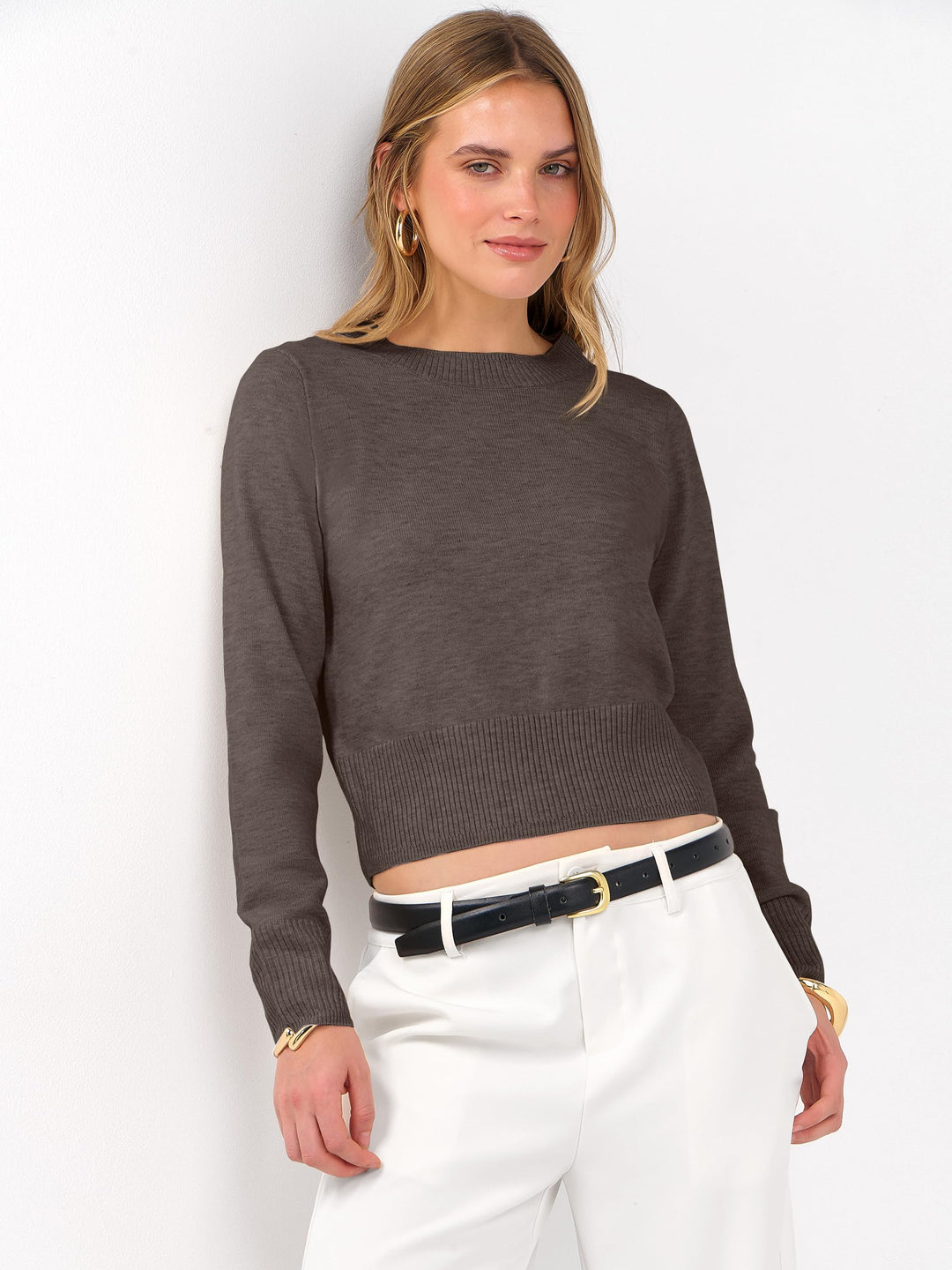 ANRABESS Women's Cropped Long Sleeve Lightweight Sweater