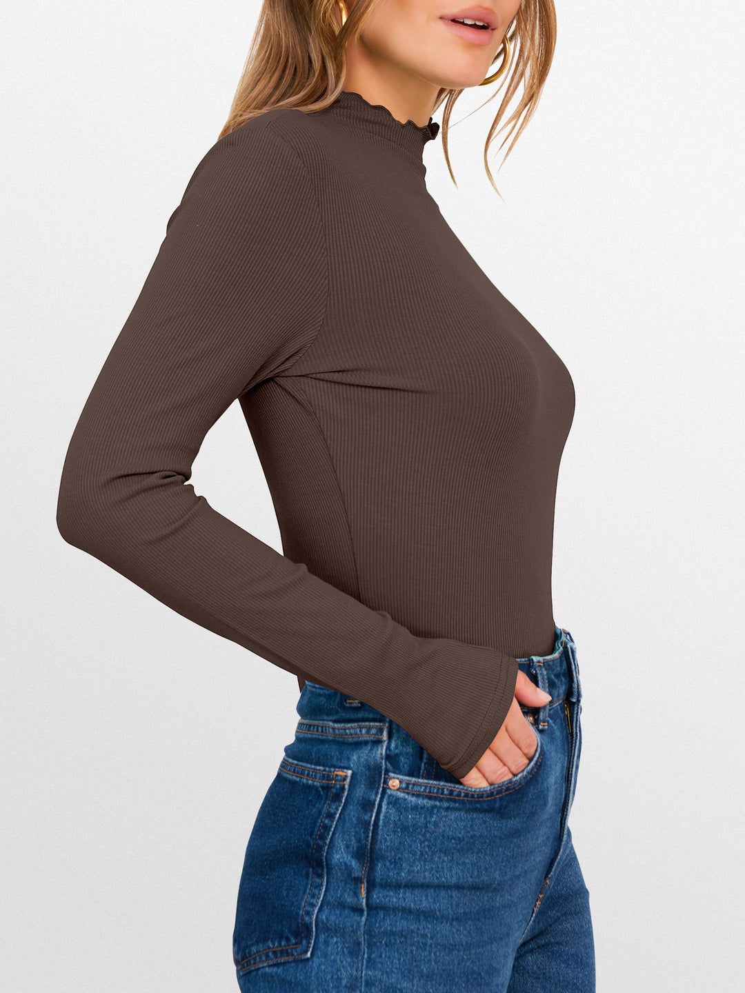 ANRABESS Women's Lettuce Trim Mock Neck Ribbed Top