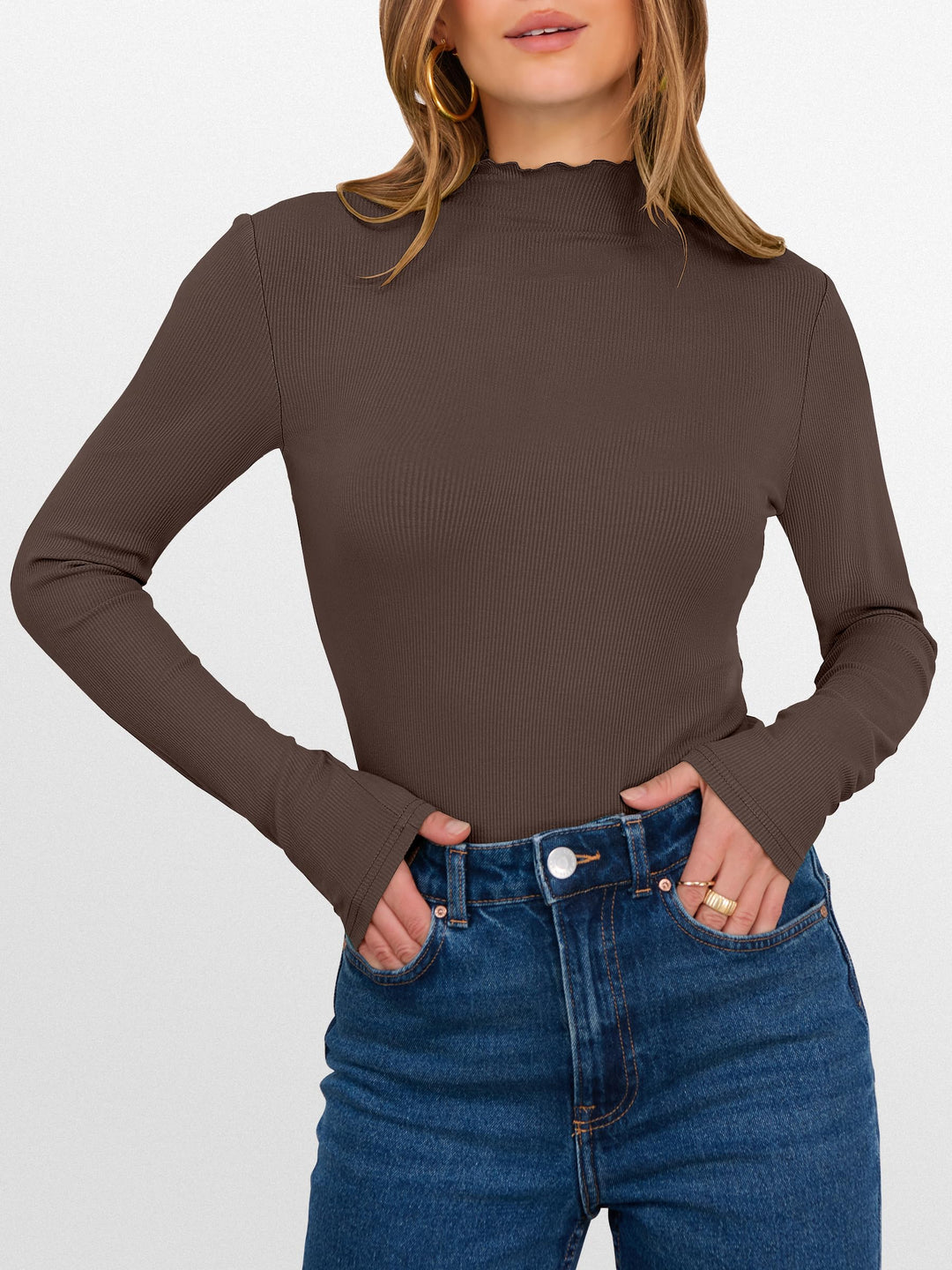ANRABESS Women's Lettuce Trim Mock Neck Ribbed Top