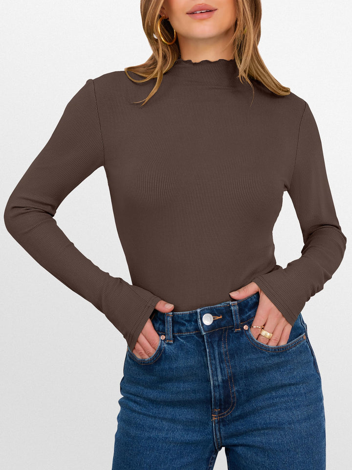 ANRABESS Women's Lettuce Trim Mock Neck Ribbed Top
