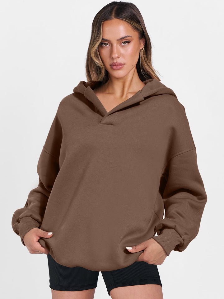 ANRABESS Women's Oversized V-Neck Fleece Hoodie