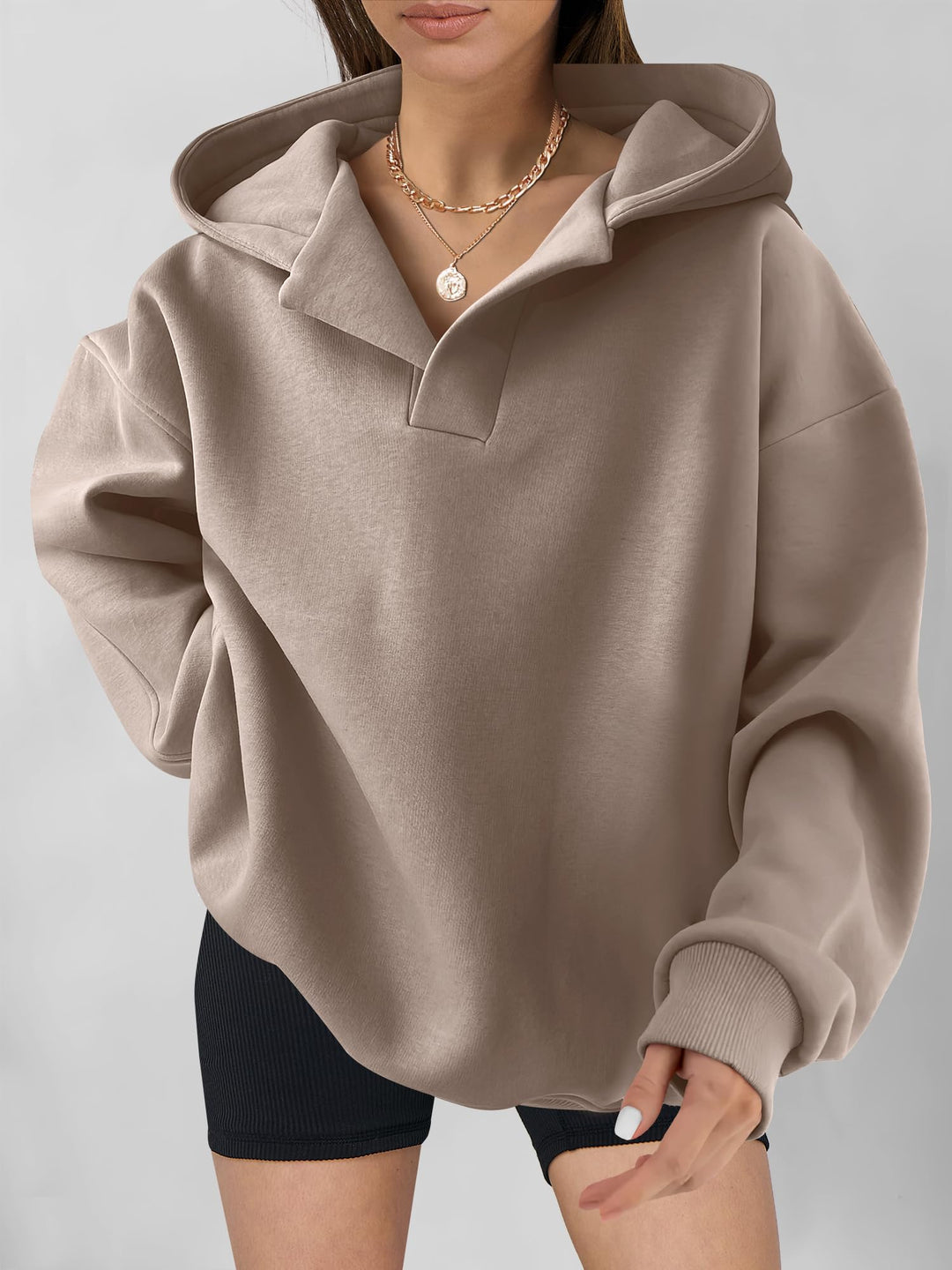 ANRABESS Women's Oversized V-Neck Fleece Hoodie