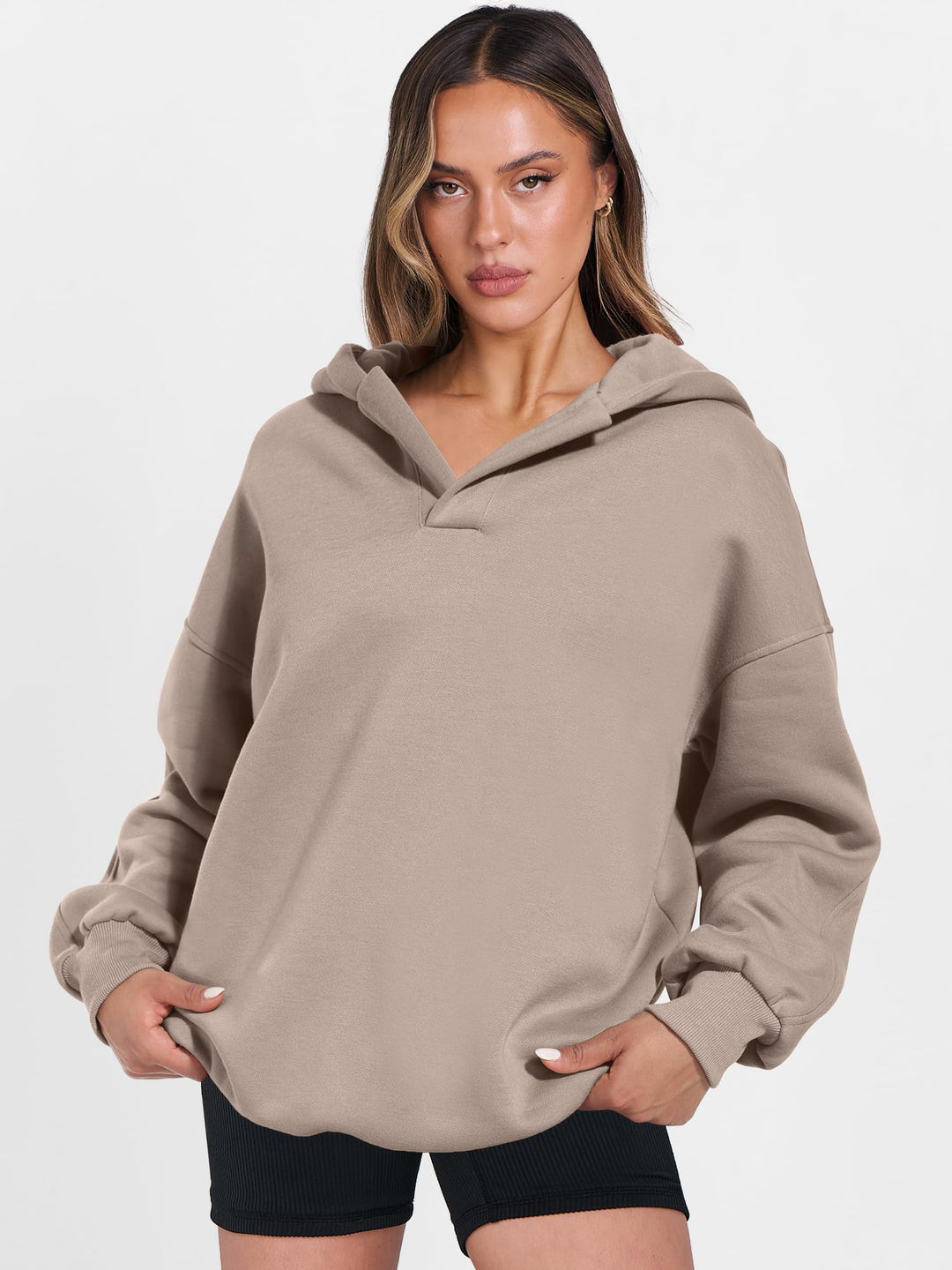 ANRABESS Women's Oversized V-Neck Fleece Hoodie