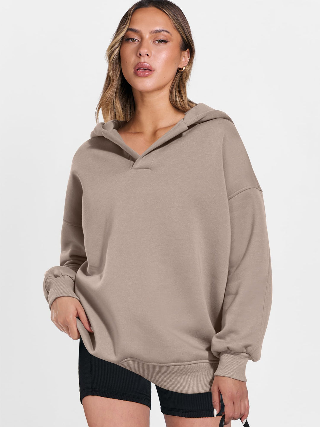ANRABESS Women's Oversized V-Neck Fleece Hoodie