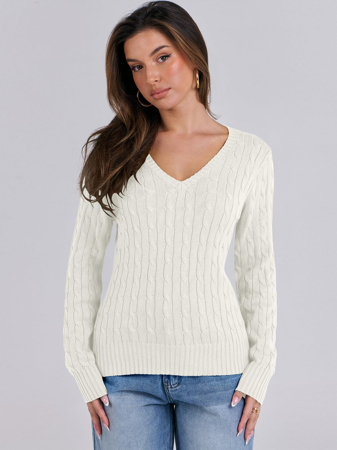 ANRABESS Women's Cable Knit V-Neck Fitted Sweater