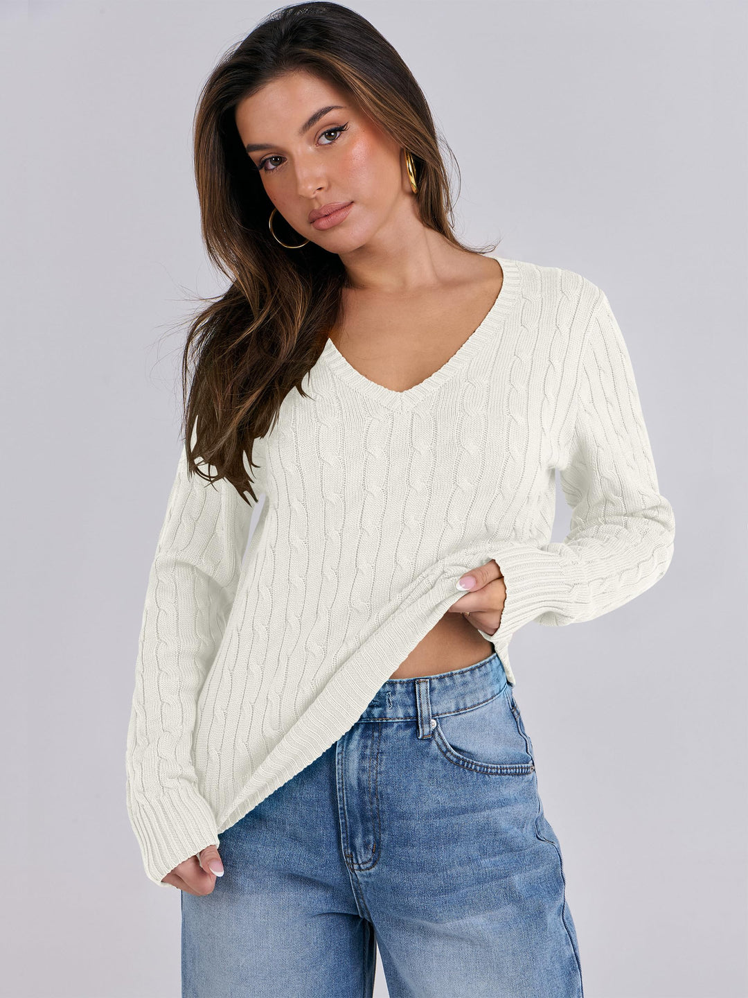 ANRABESS Women's Cable Knit V-Neck Fitted Sweater