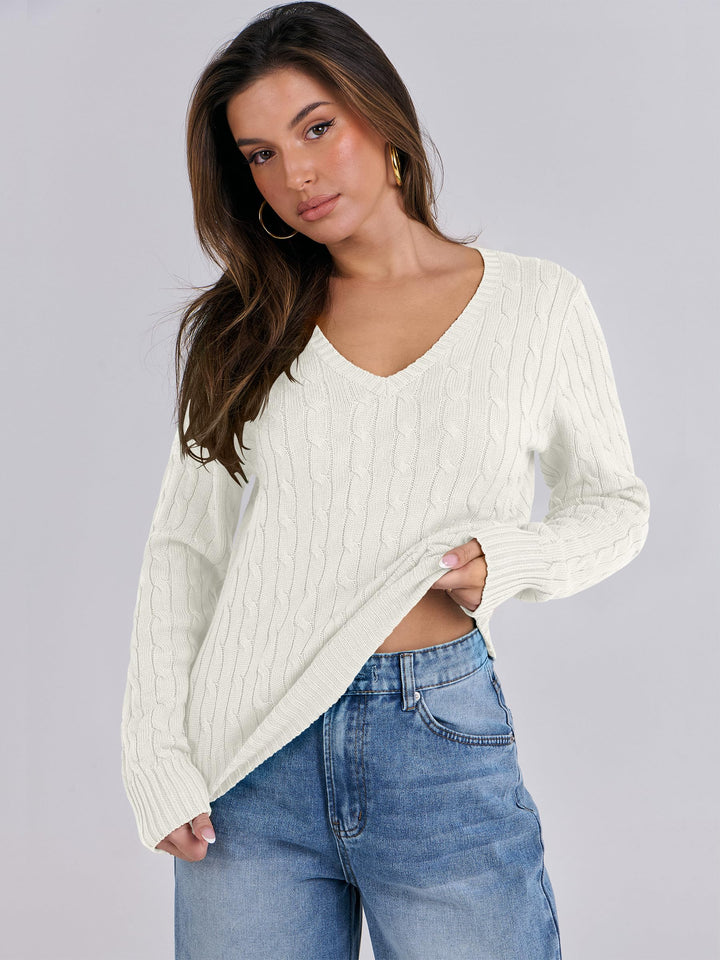 ANRABESS Women's Cable Knit V-Neck Fitted Sweater