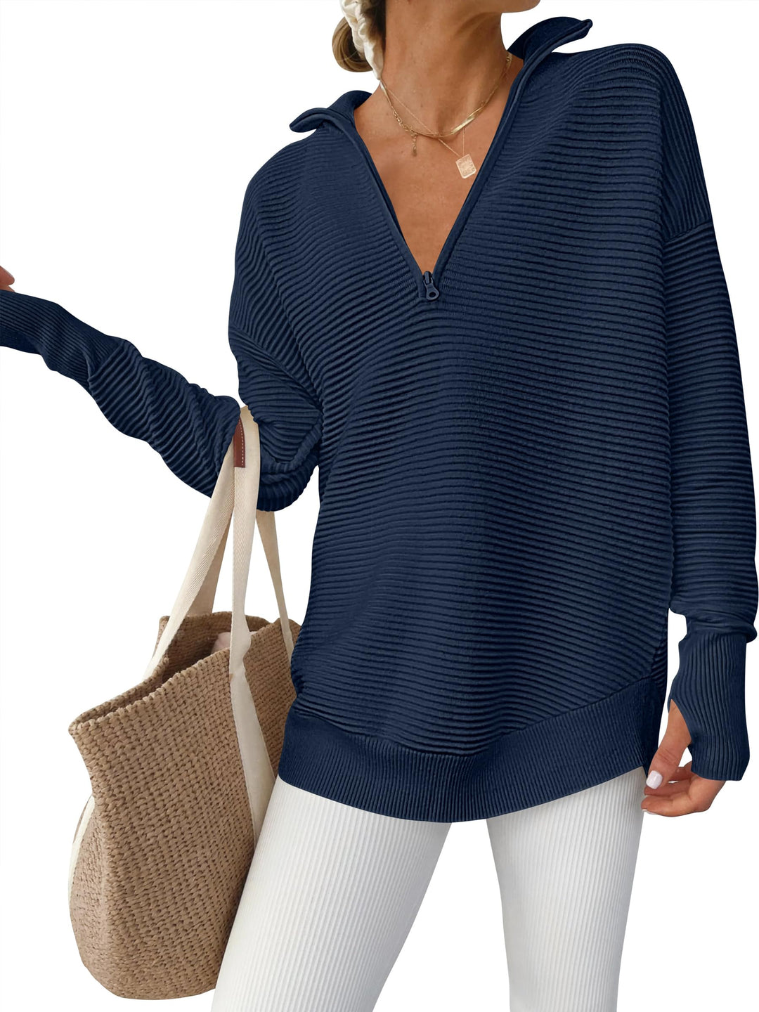 ANRABESS Women's Quarter Zip V-Neck Ribbed Sweater