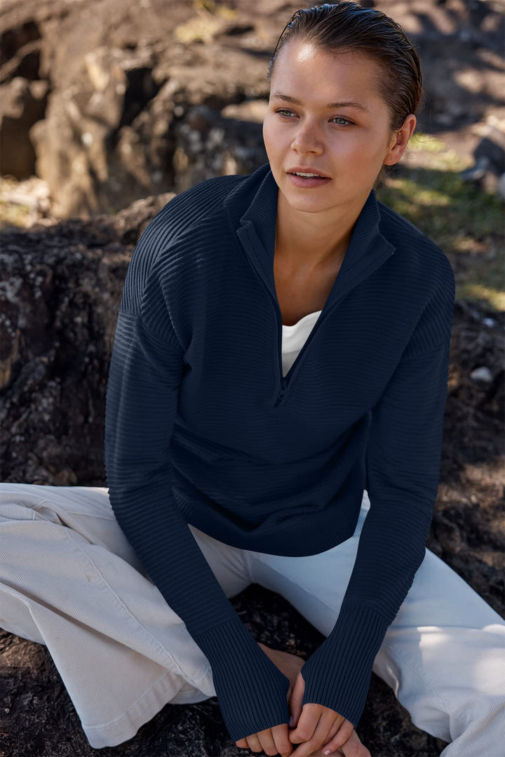 ANRABESS Women's Quarter Zip V-Neck Ribbed Sweater