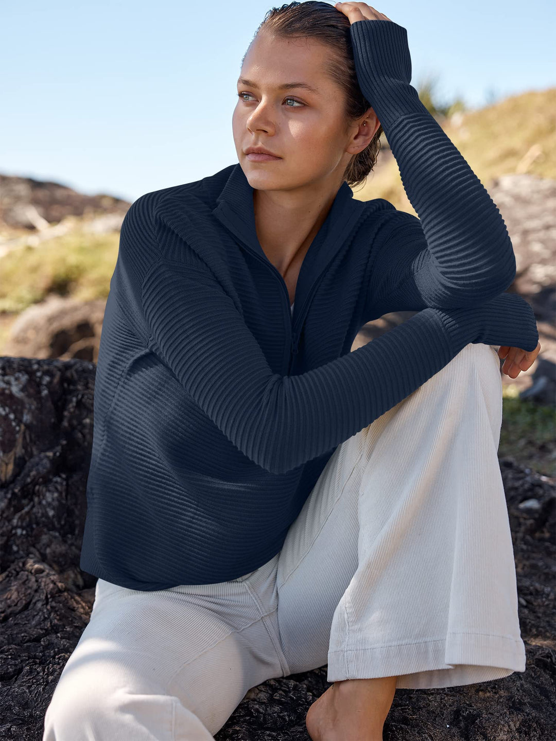 ANRABESS Women's Quarter Zip V-Neck Ribbed Sweater