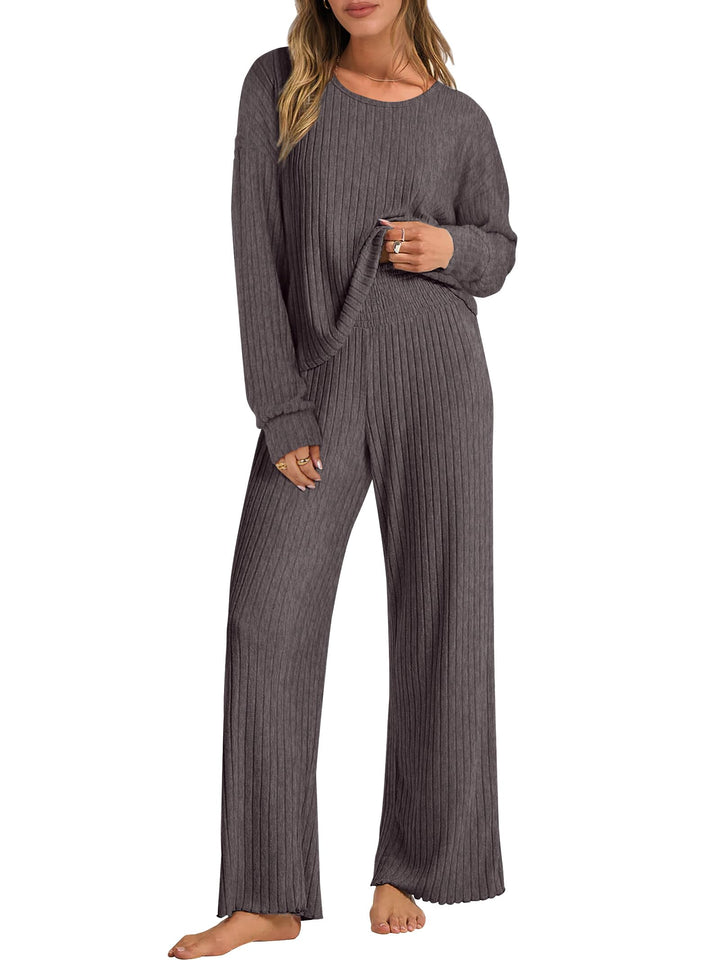 ANRABESS Women 2 Piece Lounge Pajamas Sets Casual Ribbed Knit Long Sleeve Top Pants Matching Set 2026 Fall Outfits Clothes