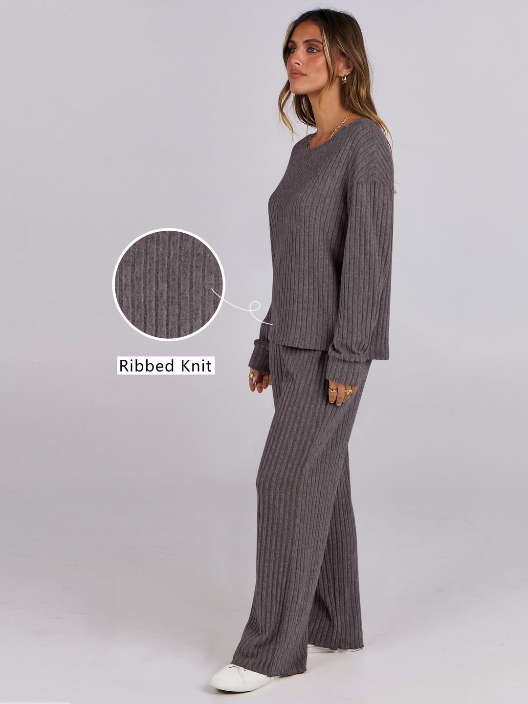 ANRABESS Women 2 Piece Lounge Pajamas Sets Casual Ribbed Knit Long Sleeve Top Pants Matching Set 2026 Fall Outfits Clothes