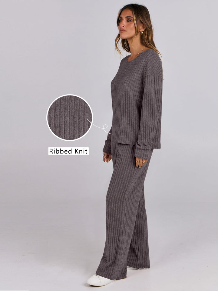 ANRABESS Women 2 Piece Lounge Pajamas Sets Casual Ribbed Knit Long Sleeve Top Pants Matching Set 2026 Fall Outfits Clothes