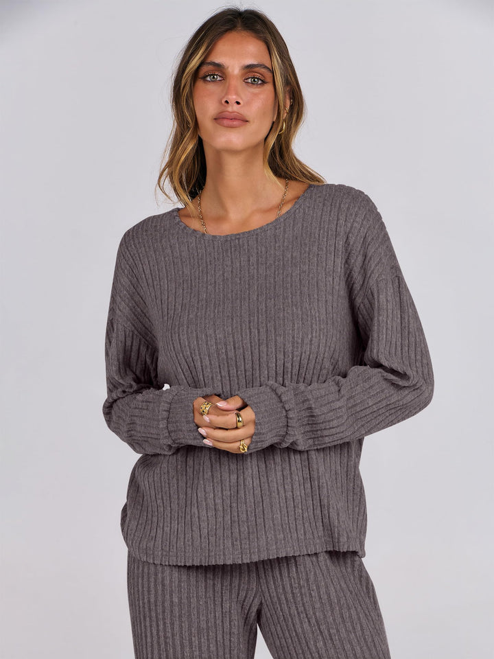 ANRABESS Women 2 Piece Lounge Pajamas Sets Casual Ribbed Knit Long Sleeve Top Pants Matching Set 2026 Fall Outfits Clothes