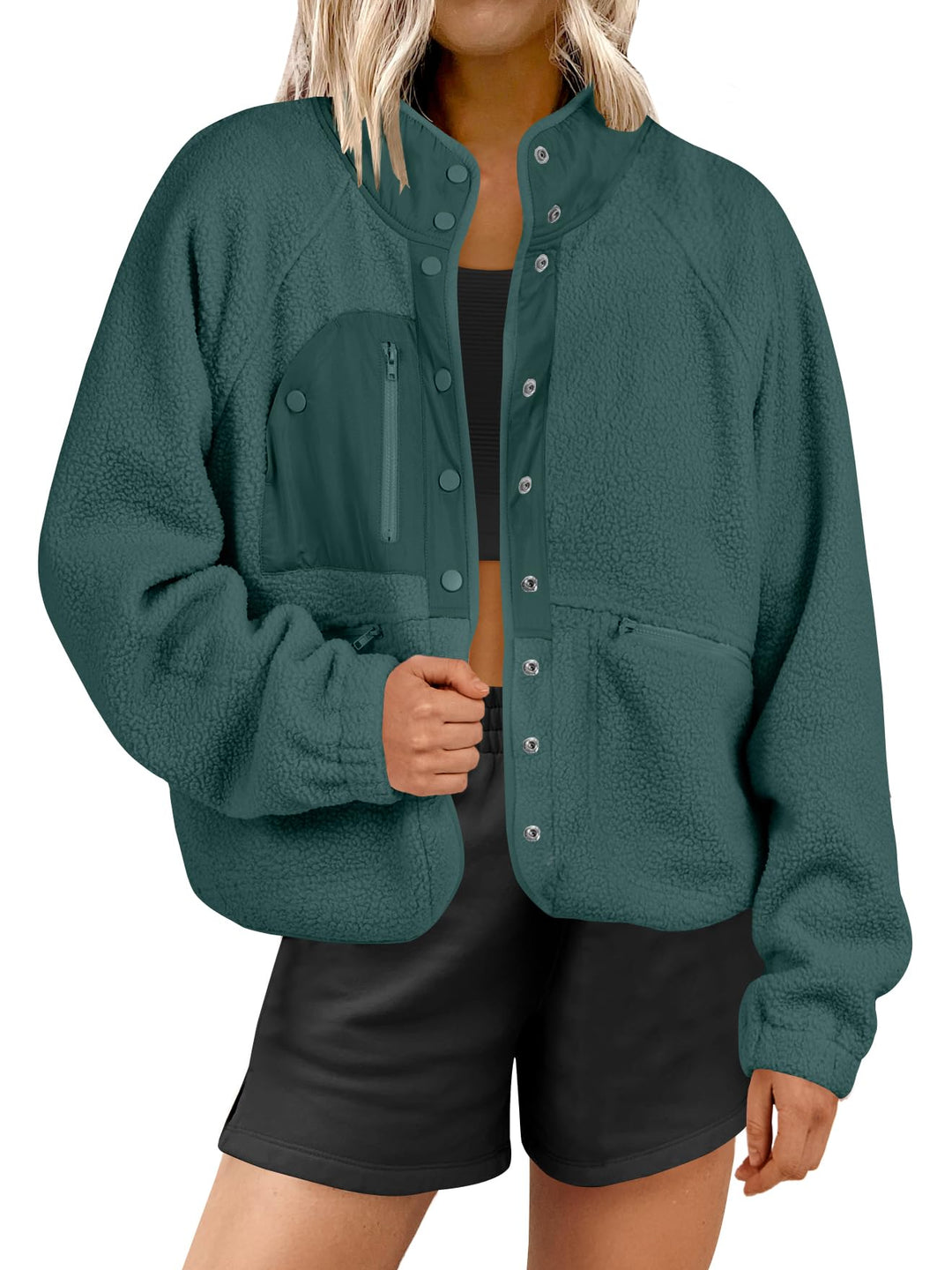 ANRABESS Women's Cropped Sherpa Shacket with Pockets