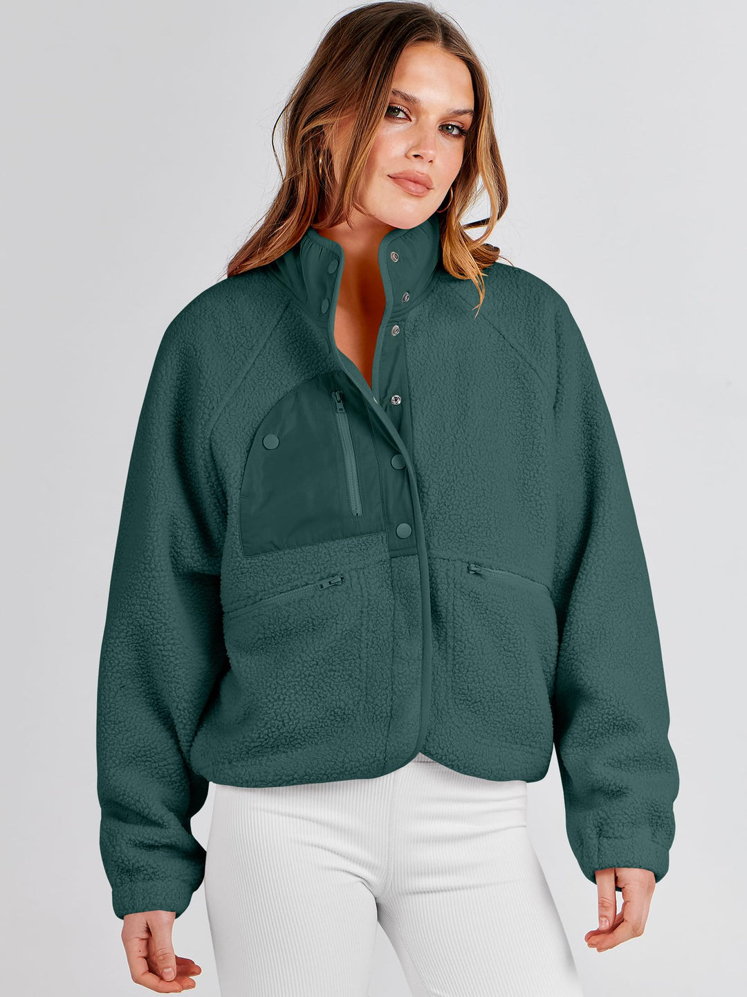 ANRABESS Women's Cropped Sherpa Shacket with Pockets