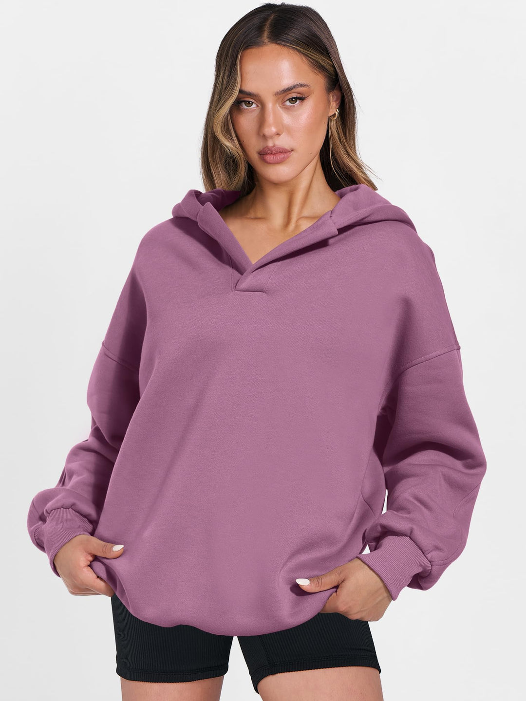 ANRABESS Women's Oversized V-Neck Fleece Hoodie