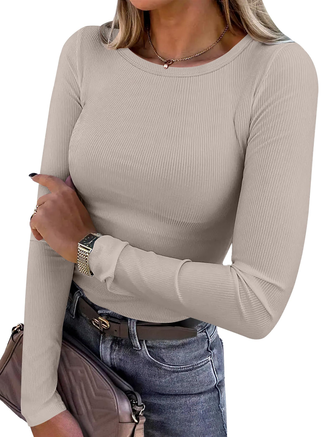 ANRABESS Long Sleeve Shirts for Women Ribbed Knit Slim Fit Basic Tops Crewneck Tees Spring Fall Casual Underscrubs Layer Clothes