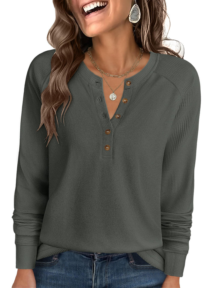 ANRABESS Long Sleeve Waffle Knit Shirts for Women Spring Fall Dressy Casual Button Up V Neck Henley Tops Loose Basic Tees Winter Clothes