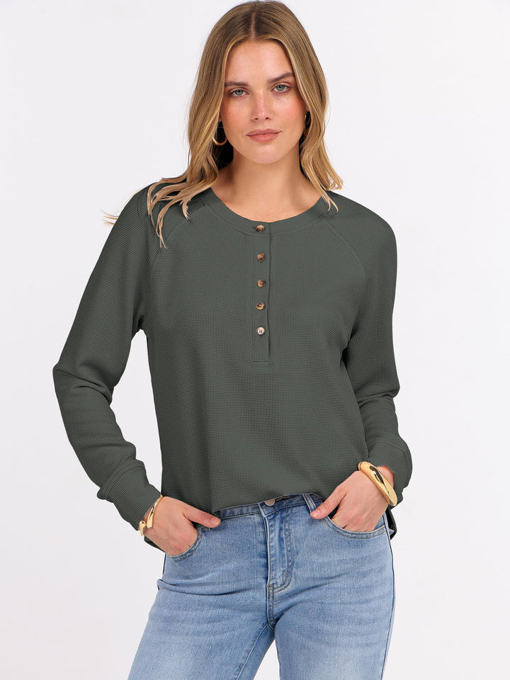 ANRABESS Long Sleeve Waffle Knit Shirts for Women Spring Fall Dressy Casual Button Up V Neck Henley Tops Loose Basic Tees Winter Clothes