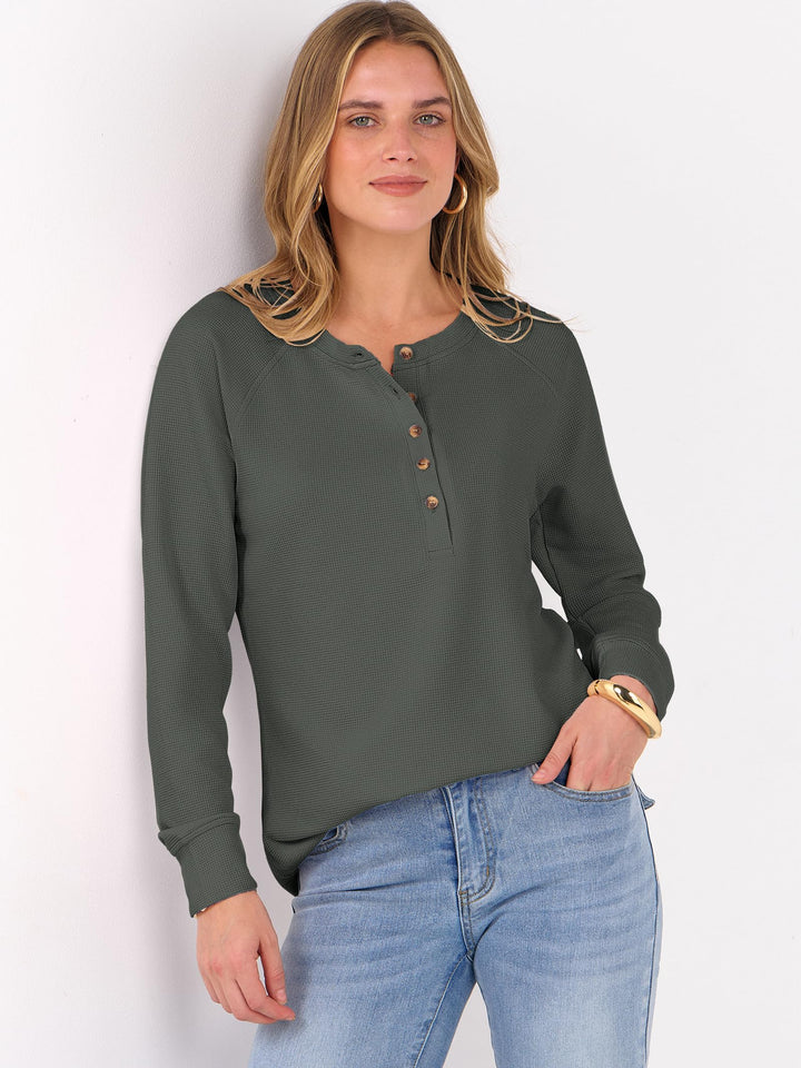ANRABESS Long Sleeve Waffle Knit Shirts for Women Spring Fall Dressy Casual Button Up V Neck Henley Tops Loose Basic Tees Winter Clothes