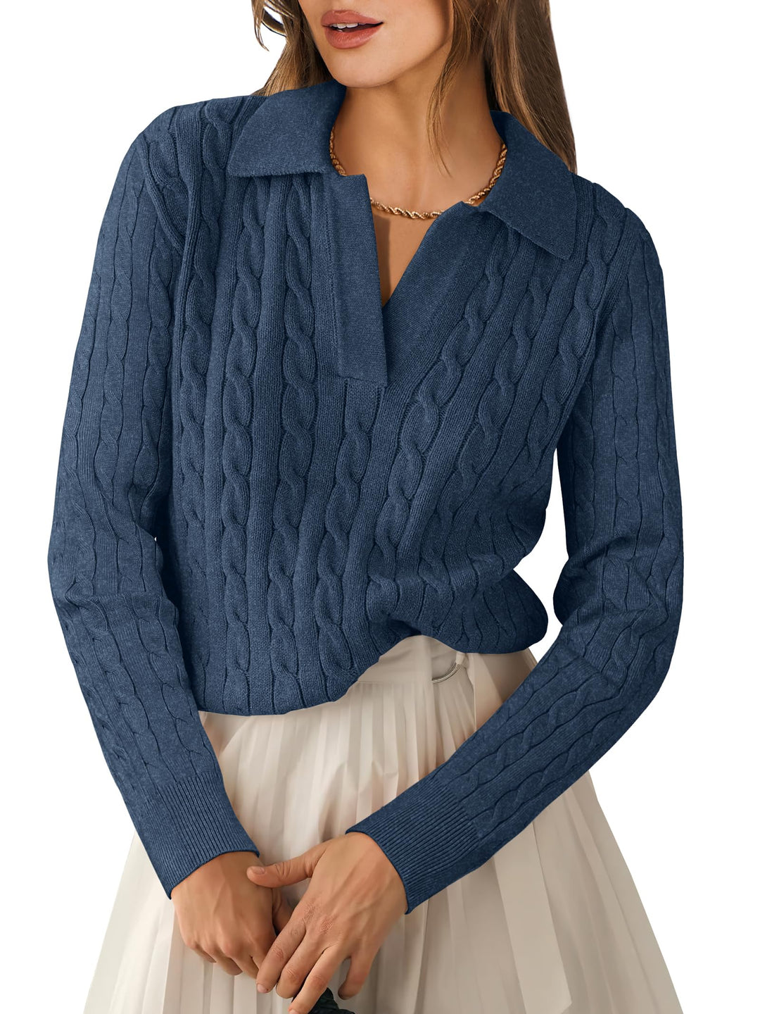 ANRABESS Women's Cable Knit V-Neck Long Sleeve Sweater