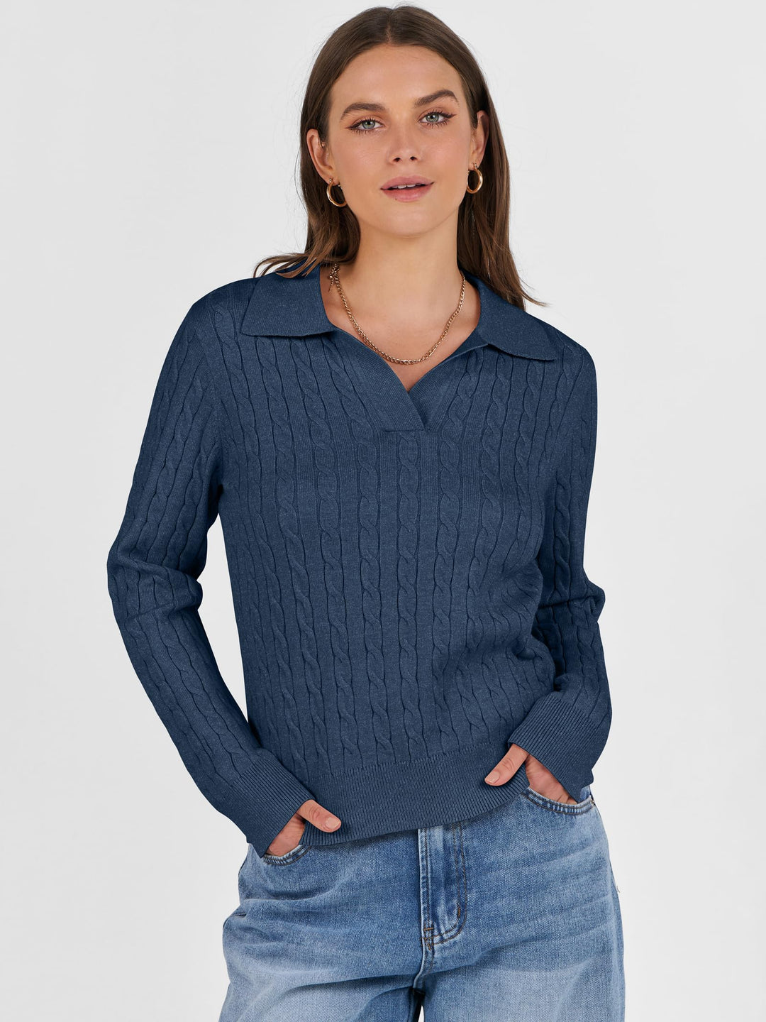 ANRABESS Women's Cable Knit V-Neck Long Sleeve Sweater