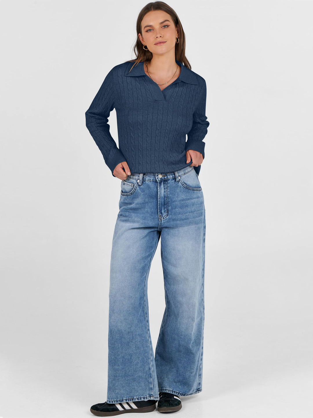 ANRABESS Women's Cable Knit V-Neck Long Sleeve Sweater