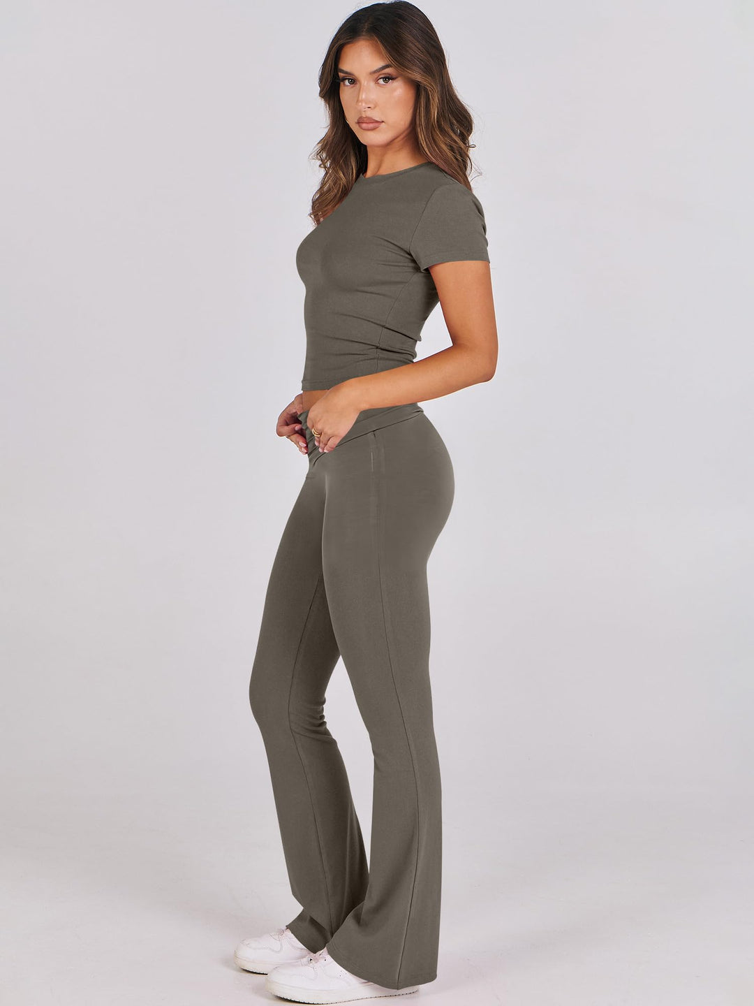 ANRABESS Women's 2-Piece Foldover Flare Legging Set