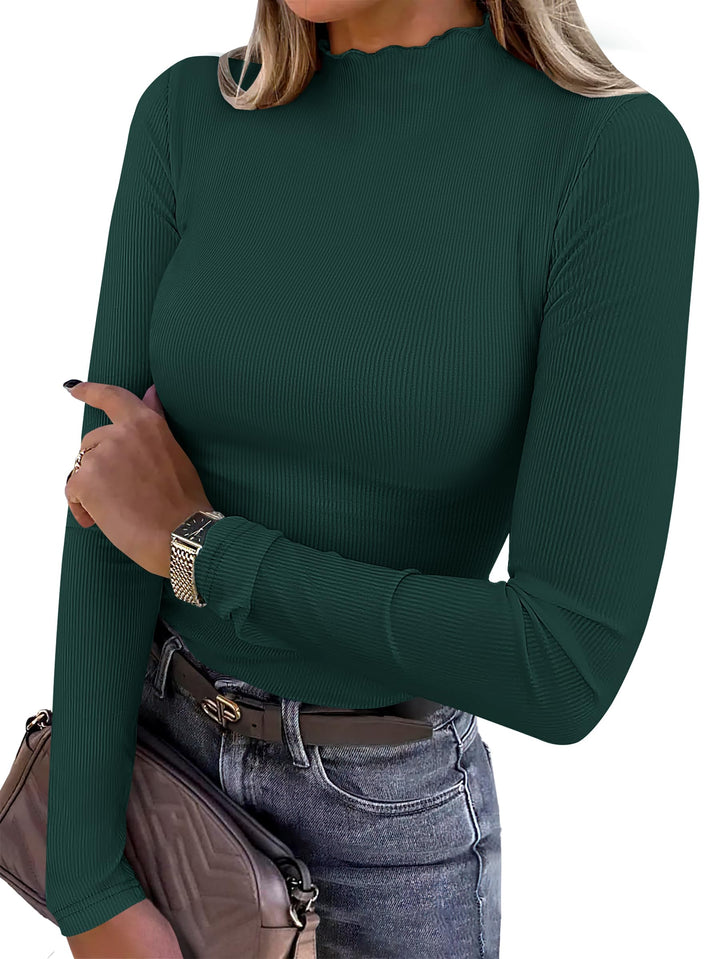 ANRABESS Women's Lettuce Trim Mock Neck Ribbed Top