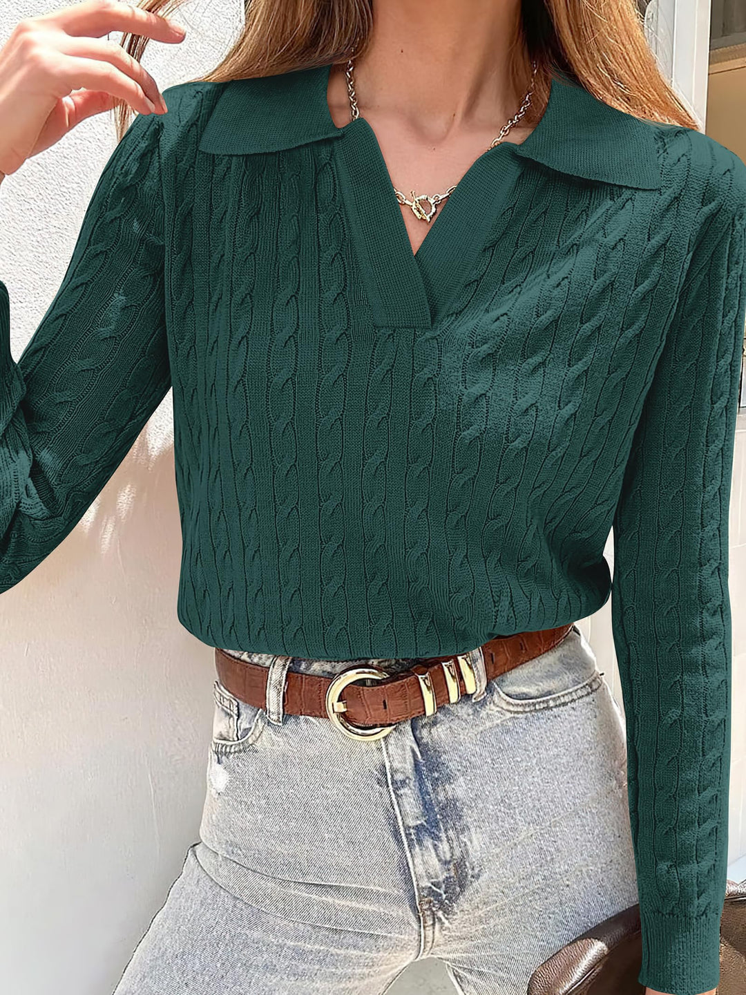 ANRABESS Women's Cable Knit V-Neck Long Sleeve Sweater