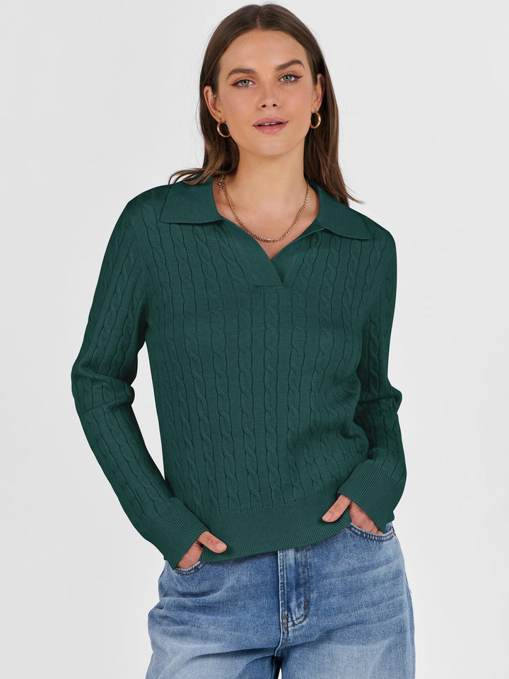 ANRABESS Women's Cable Knit V-Neck Long Sleeve Sweater