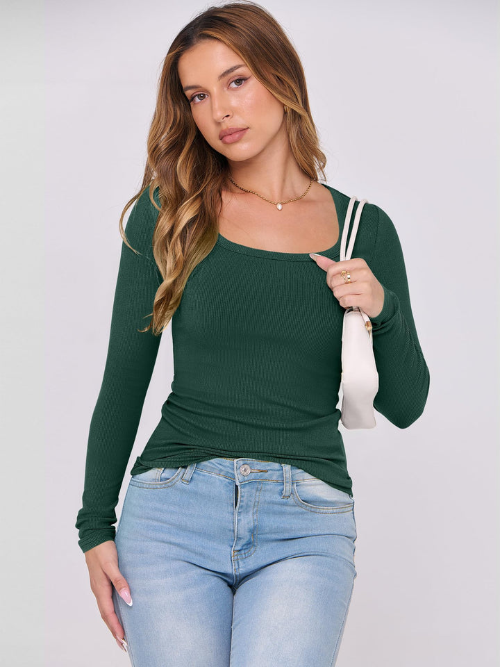 ANRABESS Long Sleeve Shirts for Women Ribbed Knit Slim Fitted Casual Tops Scoop Neck Basic Tee Spring Fall Fashion Clothes