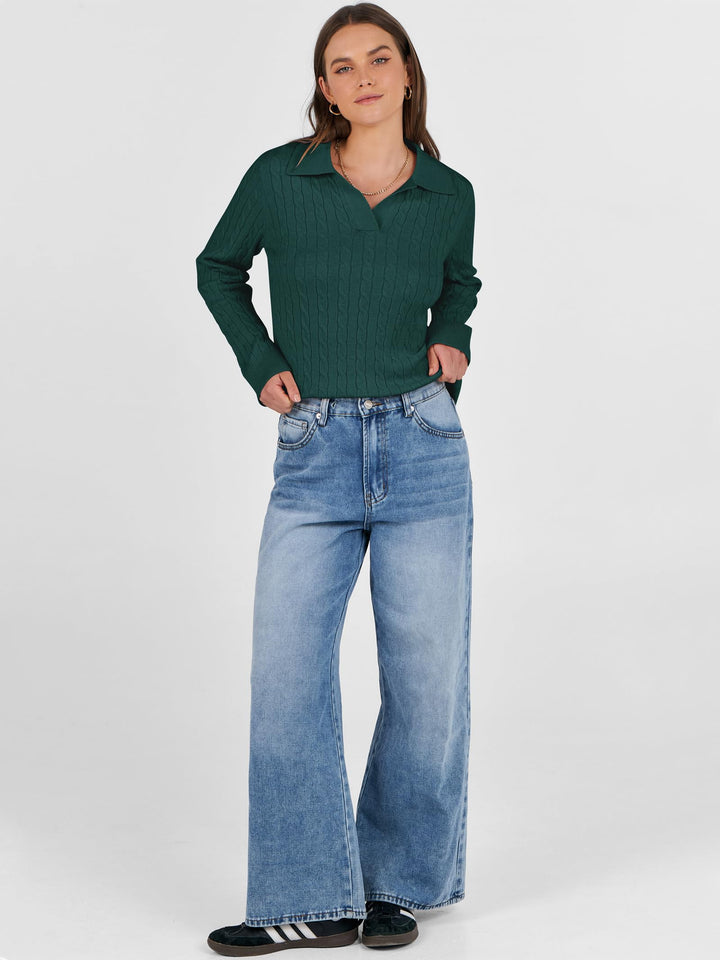 ANRABESS Women's Cable Knit V-Neck Long Sleeve Sweater